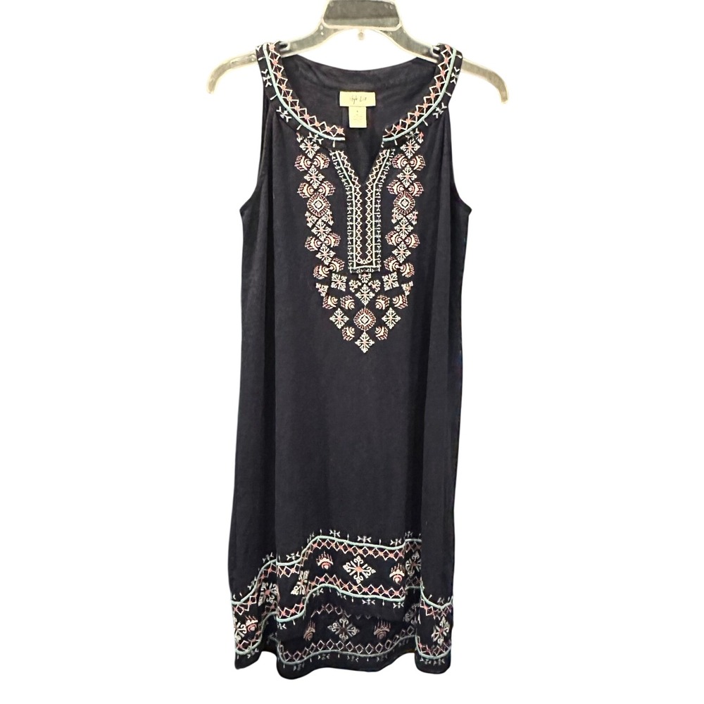 Sleeveless Embroidered Midi Dress Size S Style & Co Shift Dark Blue